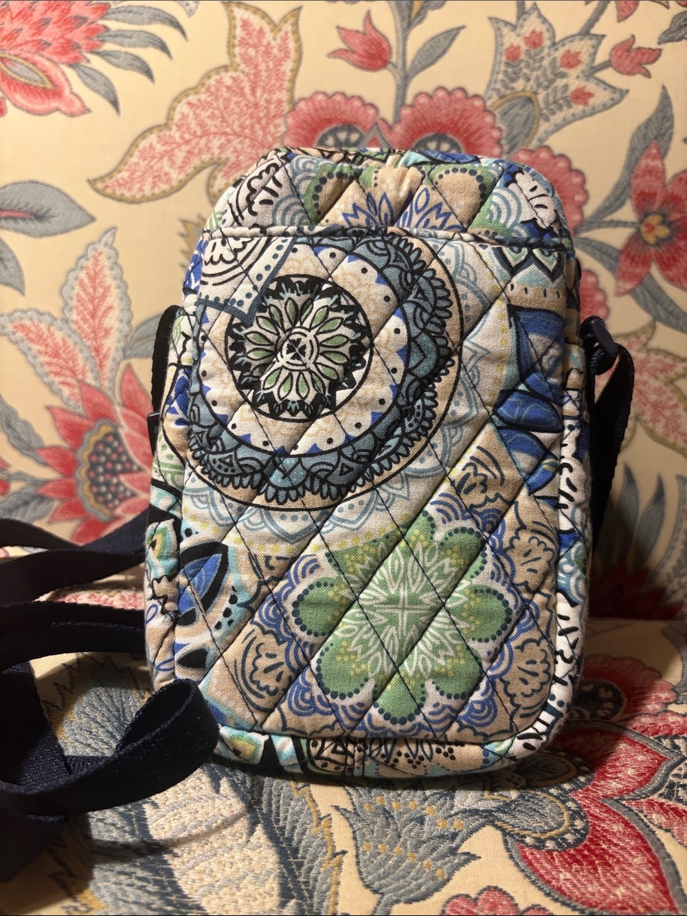 Era Bradley Quilted Pattern Crossbody RFD Bag in Blue & Green GUC